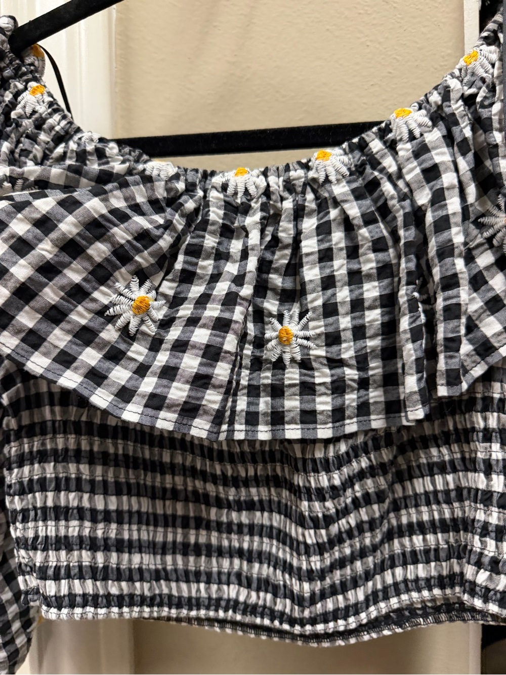 Zara Black and White Gingham Smocked Shirt with Daisy Embroidery